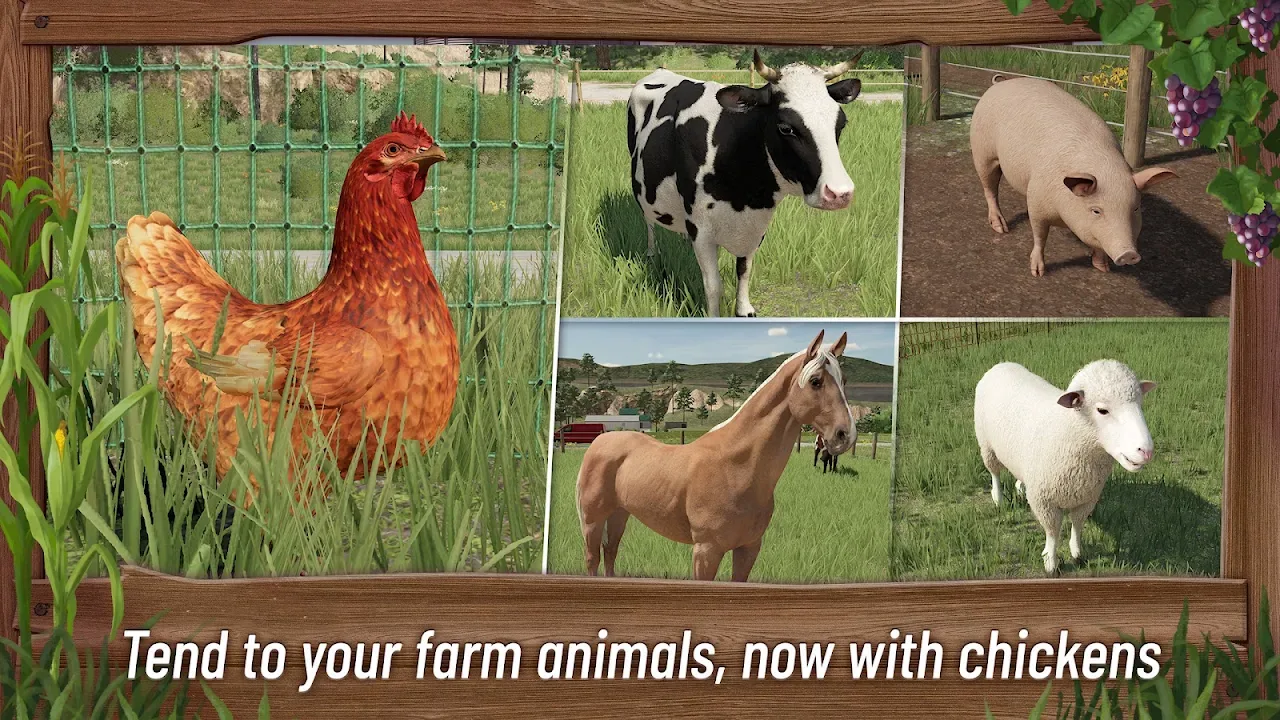 Gallina, mucca, maiale, cavallo e pecora allevati in Farming Simulator 23 Mobile