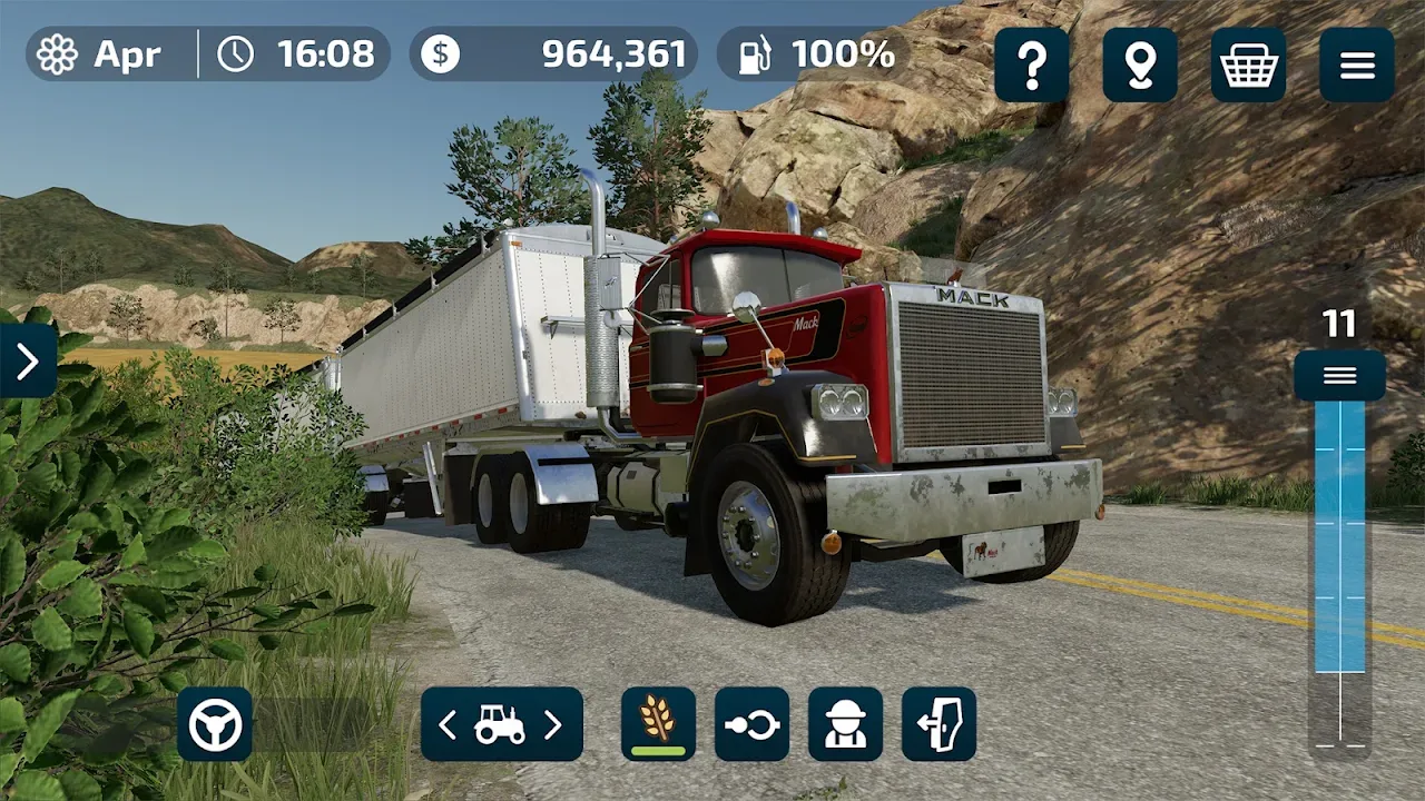 Interfaccia touch di Farming Simulator 23 Mobile con volante, cambio e menu rapidi