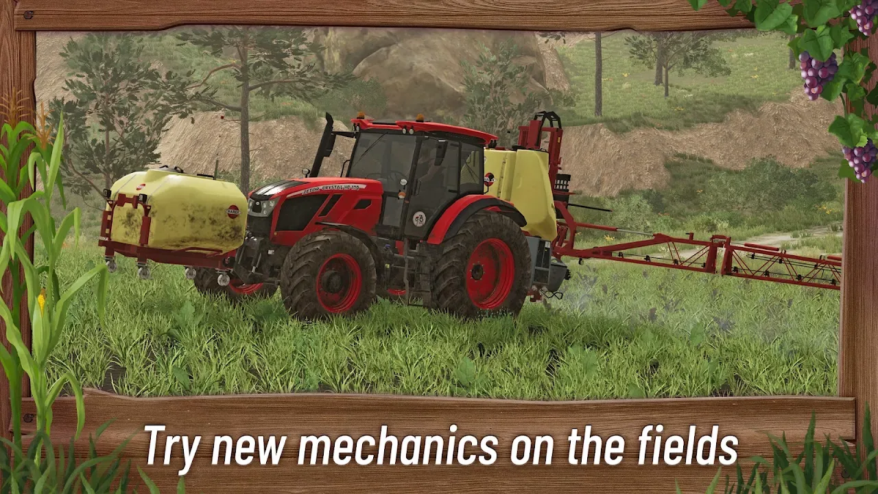 Trattore con irroratrice trainata al lavoro in un campo in Farming Simulator 23 Mobile